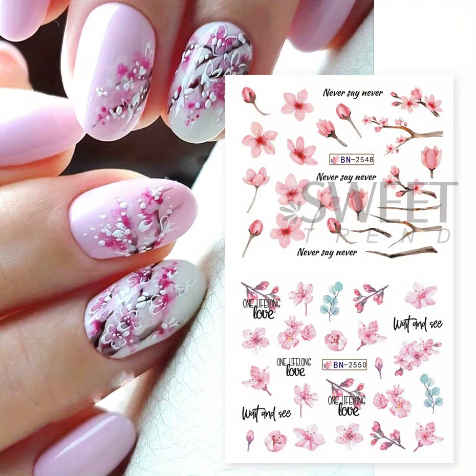 12 pièces rose fleur de cerisier eau curseurs d'ongles hiver nouvel an Sakura feuilles florales autocollants bricolage charme accessoires manucure décor