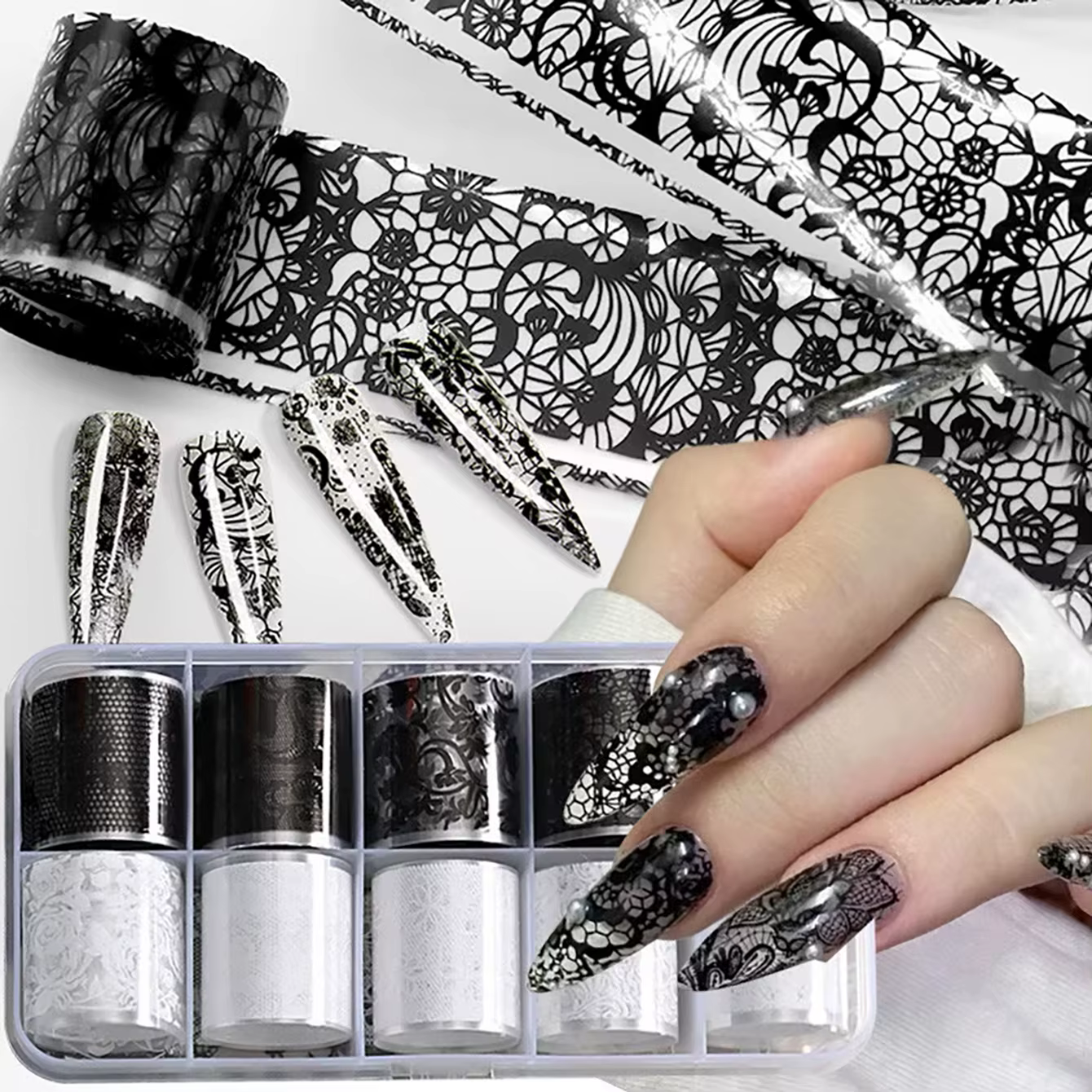 Papier de transfert pour nail art noir et blanc à motif dentelle – Best-seller des célébrités d'Internet