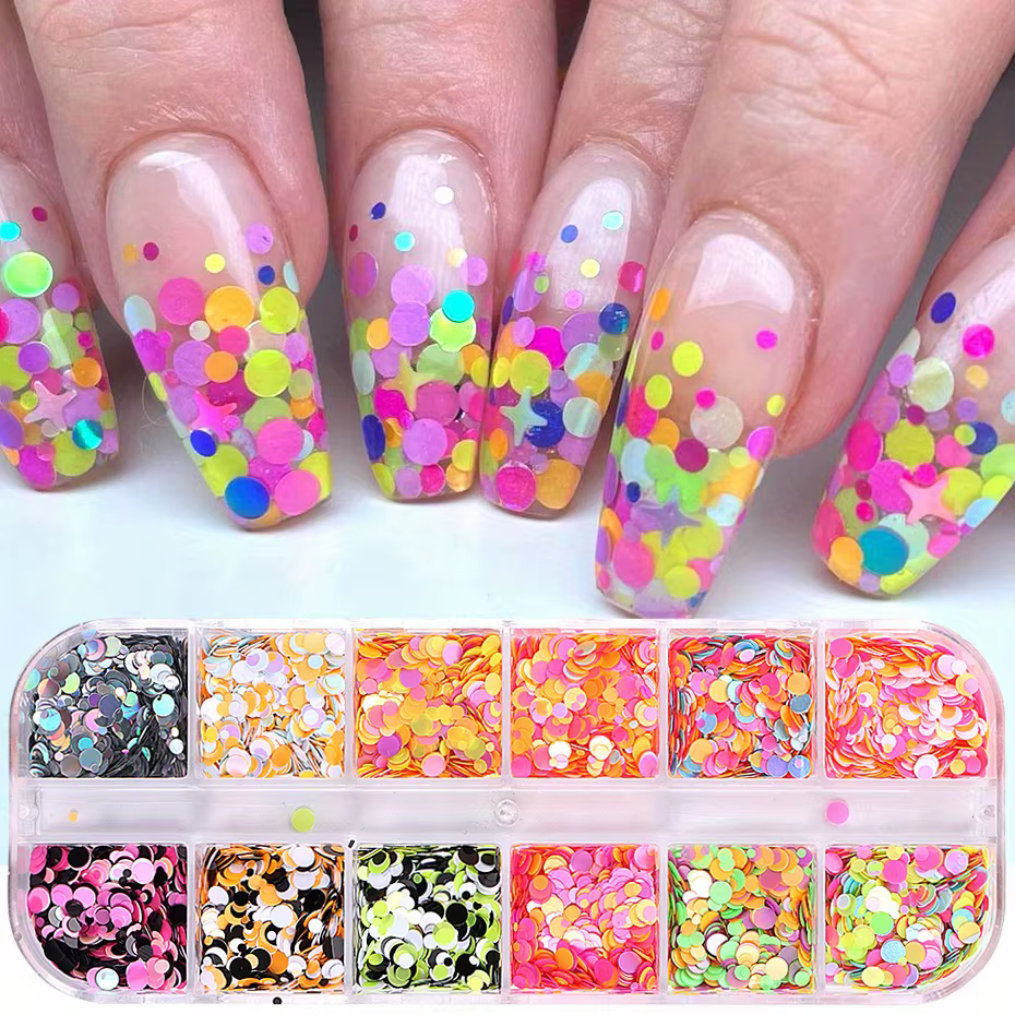 12 grilles fluorescentes rondes paillettes ongles