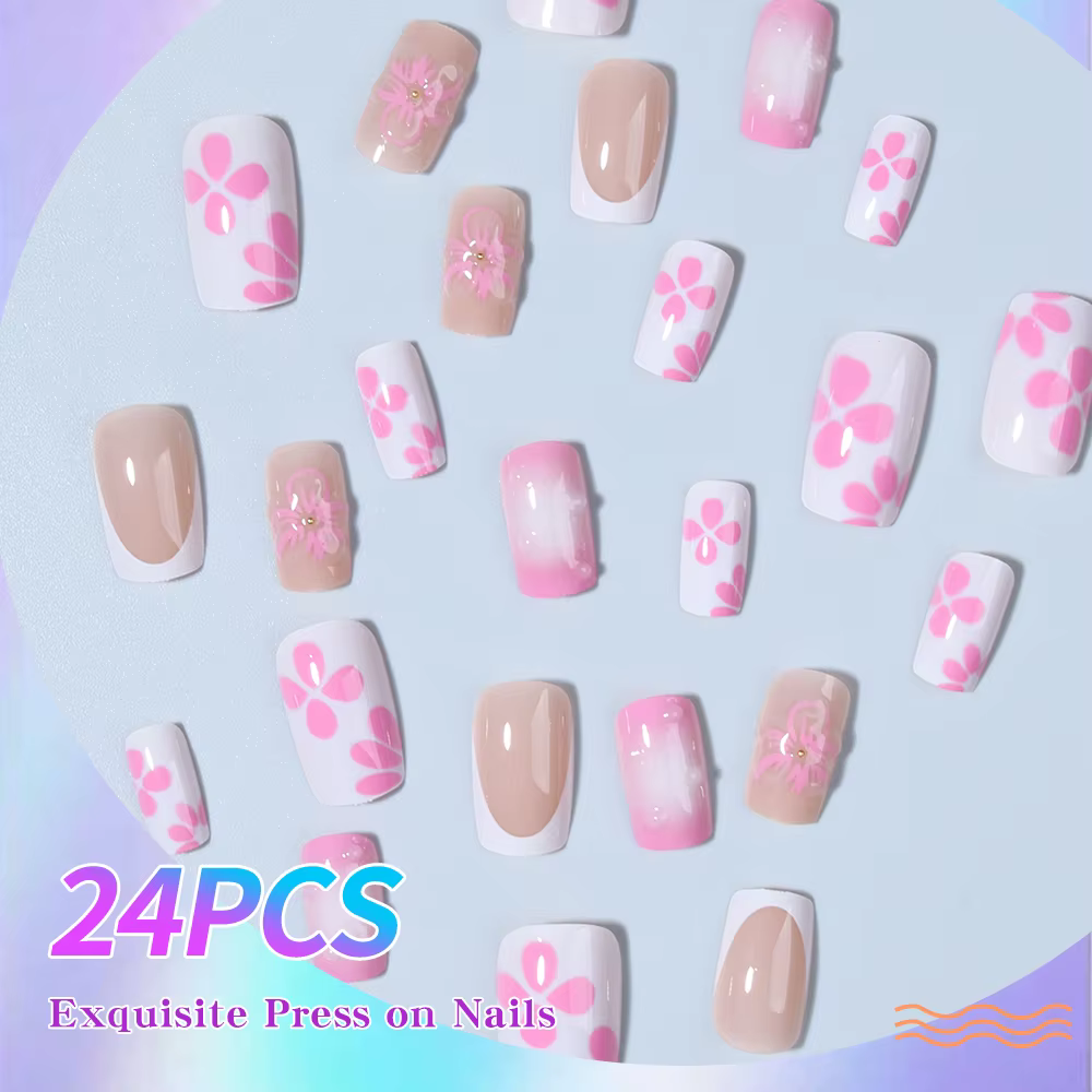 CS 3D gelnail fait des fleurs carrées pointe française presse sur les ongles ajustement moyen parfaitement acrylique