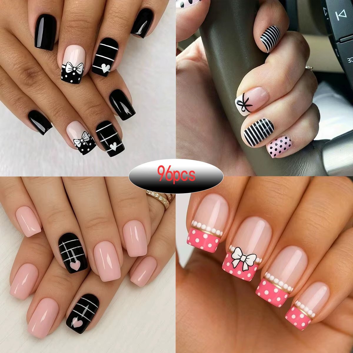 Ensemble complet de 4 paquets/96 faux ongles carrés courts