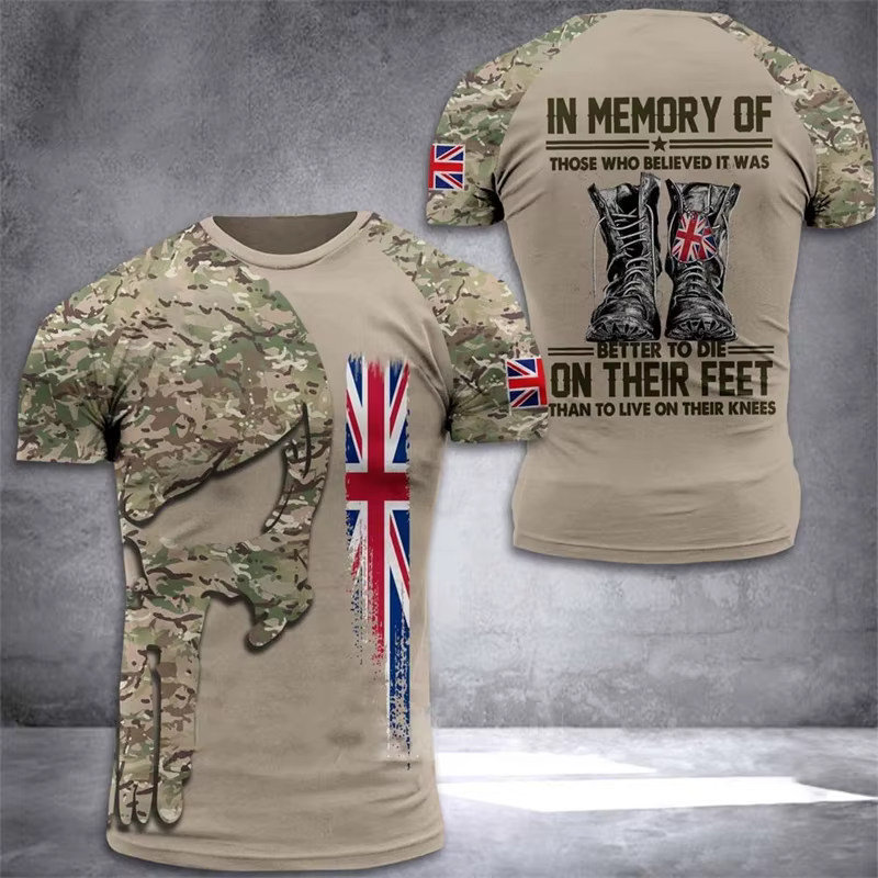 T-shirt graphique drapeau britannique été 2026 pour hommes, vêtements de sport, t-shirts imprimés 3D camouflage champêtre, hauts de qualité supérieure
