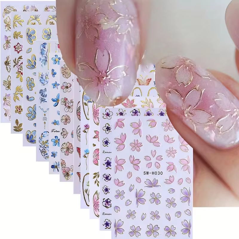 11 autocollants floraux pour ongles printemps-été - Motif fleur de cerisier
