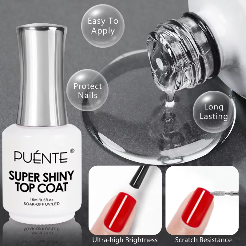 PUENTE 15ML Top Coat Gel Super Brillant Transparent Sans Résidu Scellant