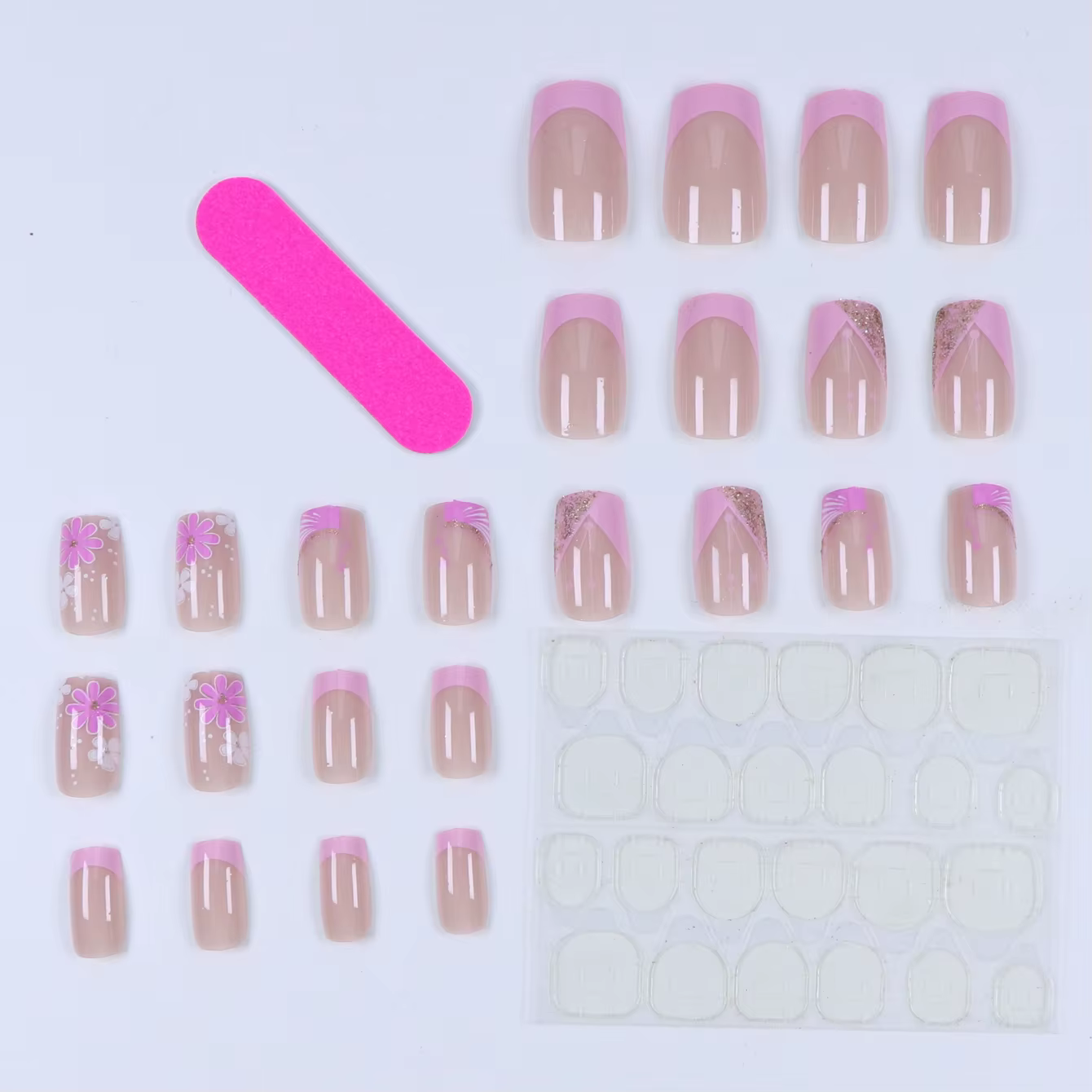 24 faux ongles courts carrés français simples à motif floral + 1 colle