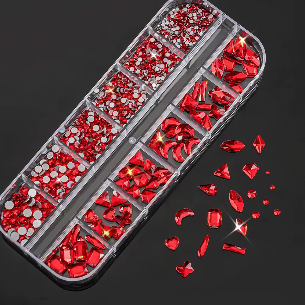 12 grilles 3D noël rouge forme aléatoire Nail Art strass verre scintillant Flatback diamant