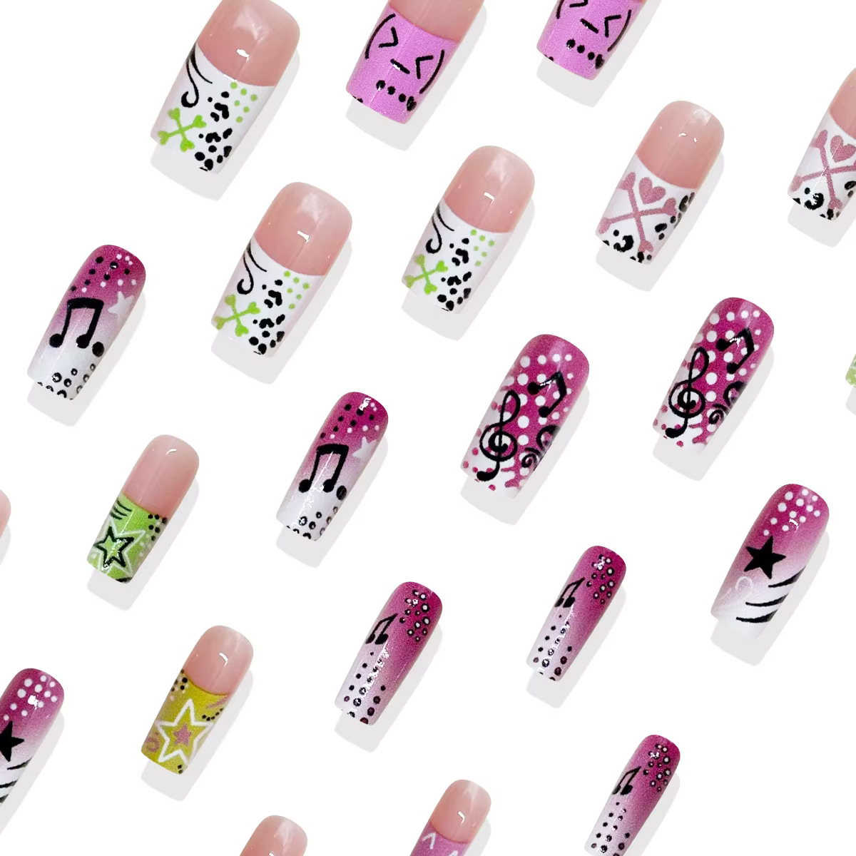 24 pièces Y2K fille style faux ongles Note musicale motif étoile longue cercueil