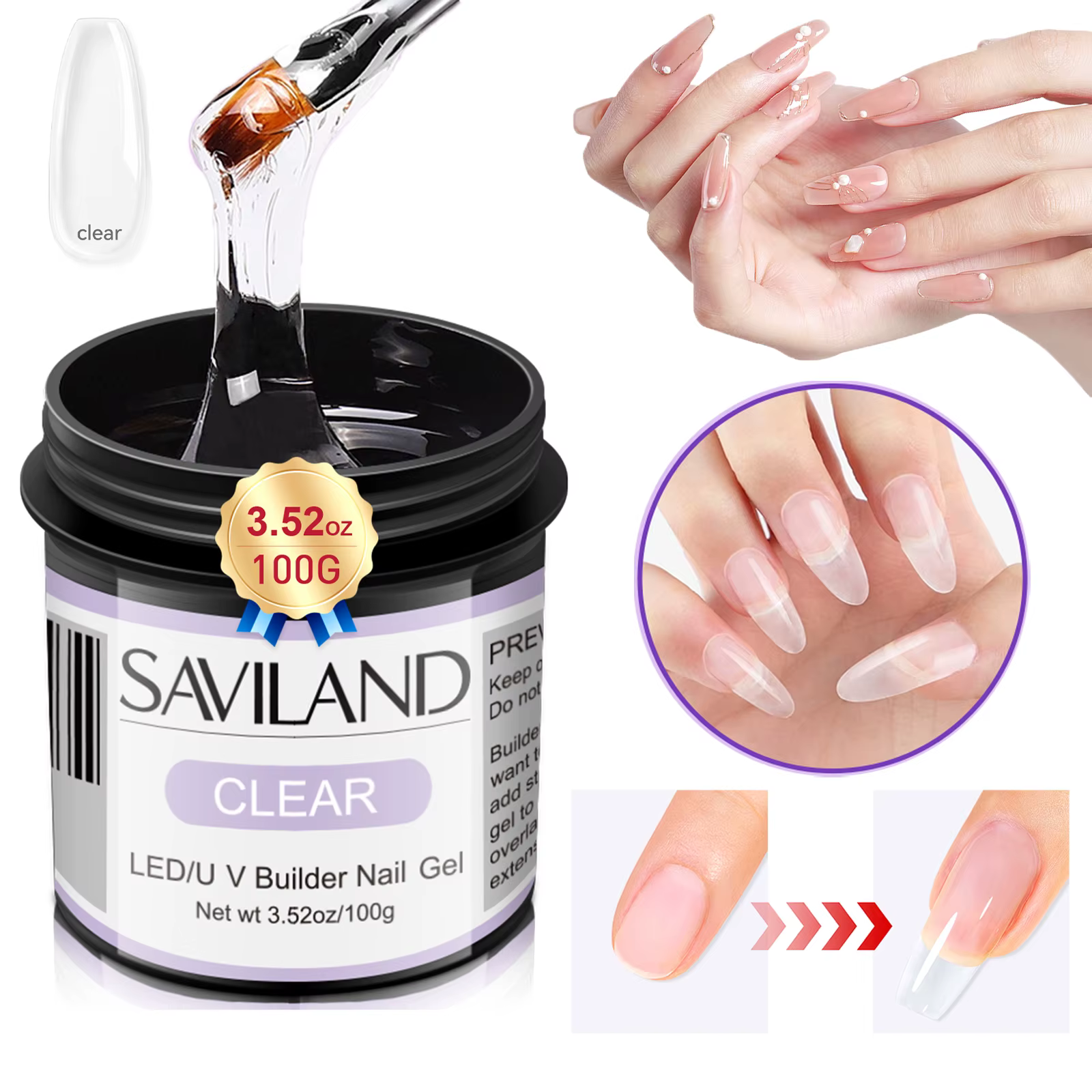 Saviland Gel de Construction Transparent 100g (3.5oz) en Bouteille pour Extension d'Ongles