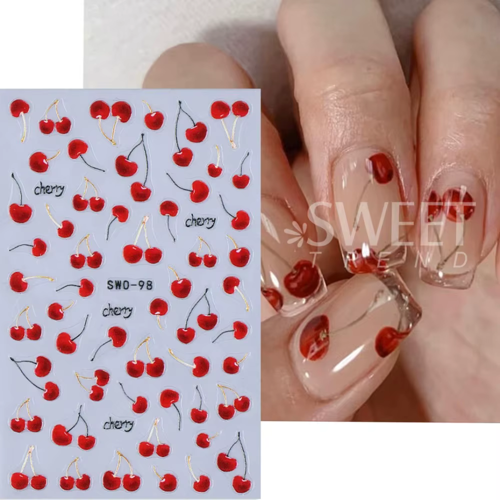 2 autocollants pour ongles en cerise rouge