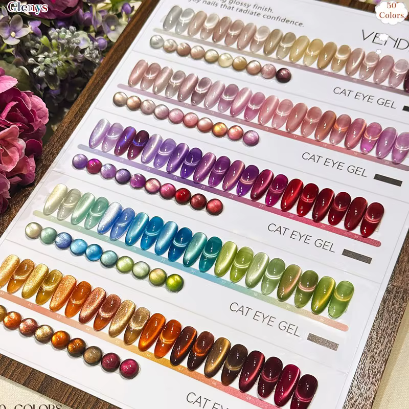 Gel UV/LED pour ongles effet œil de chat 50 couleurs Glenys – Kit professionnel pour salon de manucure