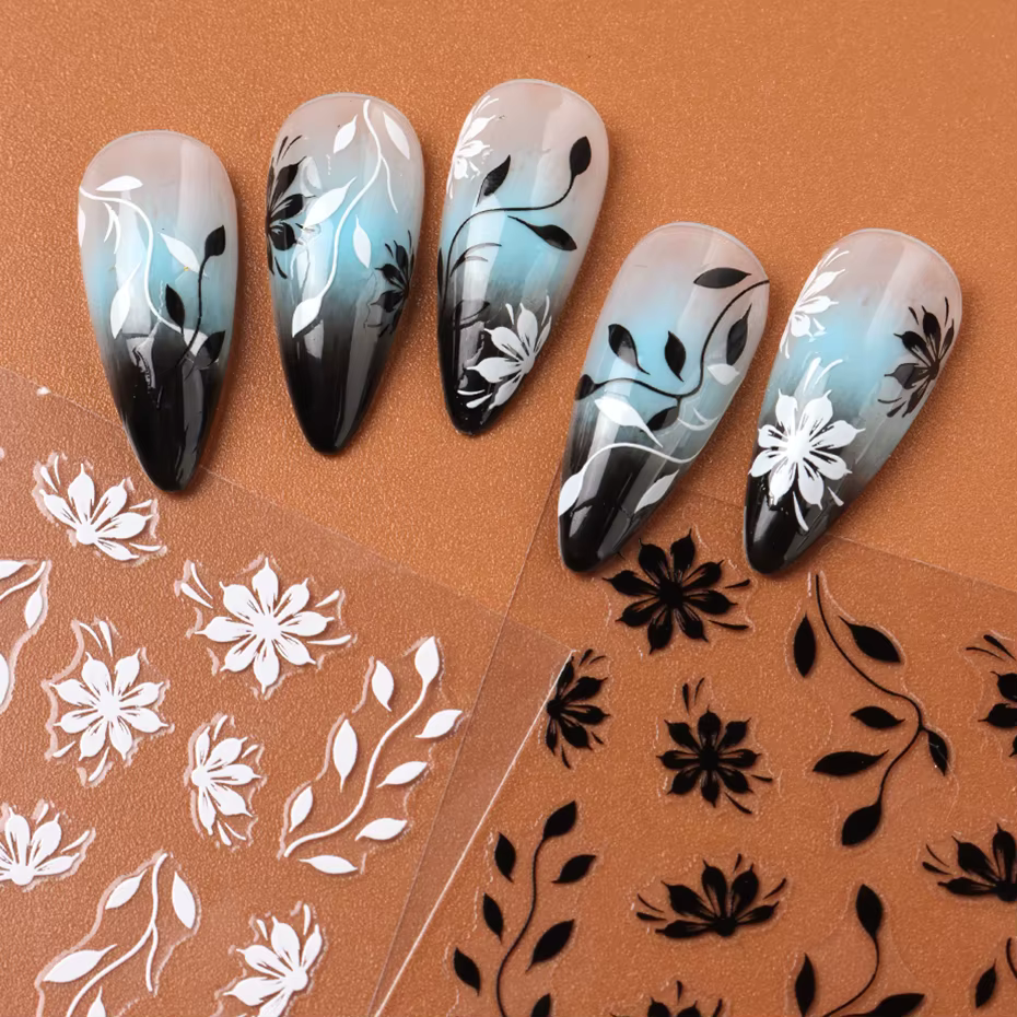 Autocollants pour ongles floraux – Décalcomanies 3D auto-adhésives à motif de fleurs et de feuilles pour Nail Art