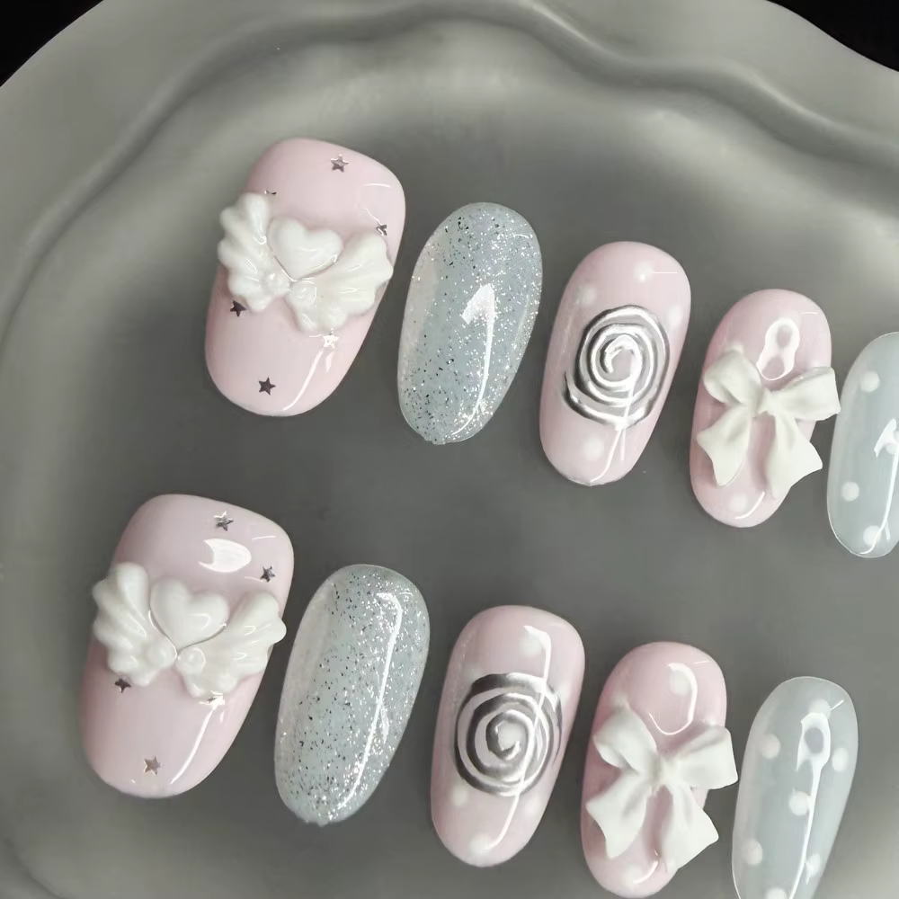 Faux ongles coréens vintage Wishcore courts faits à la main à presser