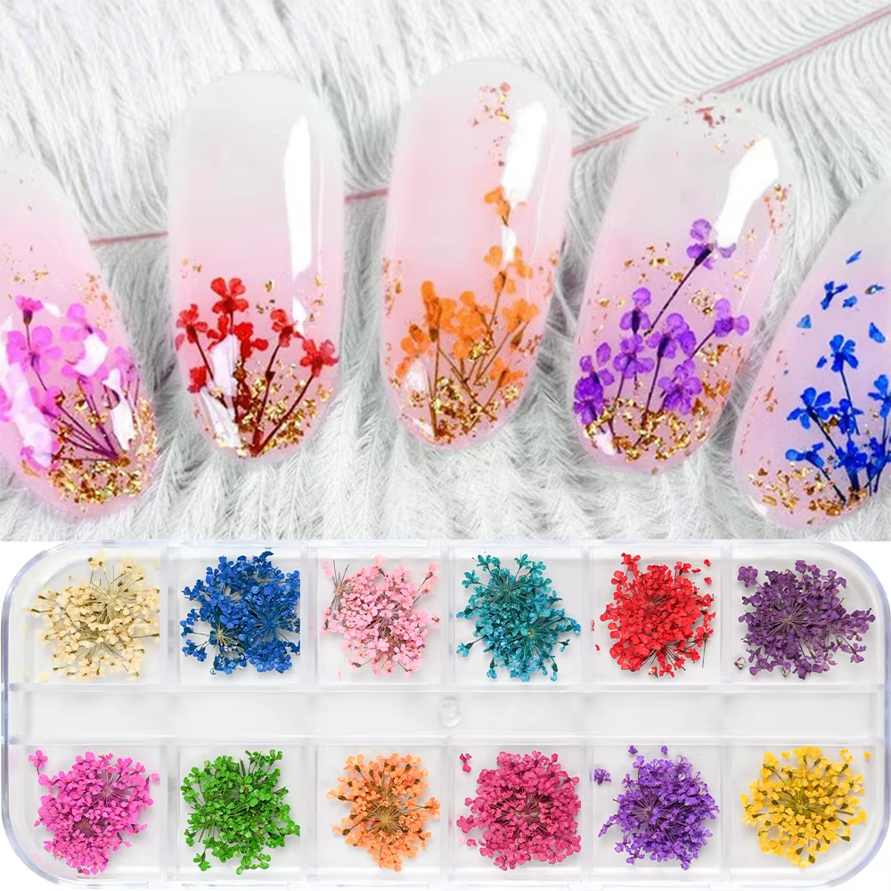 12 couleurs fleurs séchées Nail Art décoration 3D naturel Floral coloré