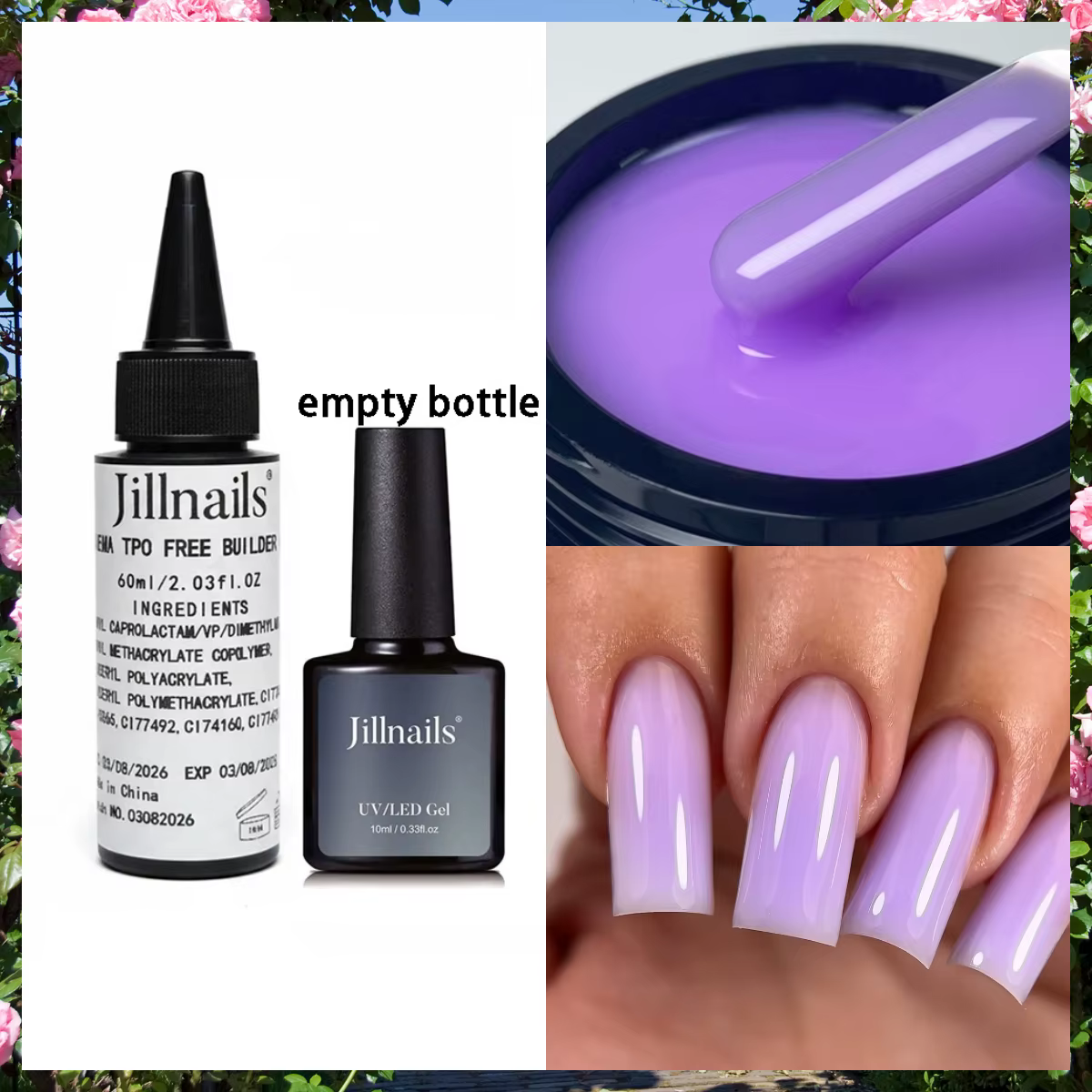 Jillnails Gel de Construction Liquide Vernis en Bouteille 60ML Recharge Transparent Blanc Laiteux Rose Sans HEMA Sans TPO Sans Chaleur 60g/10g