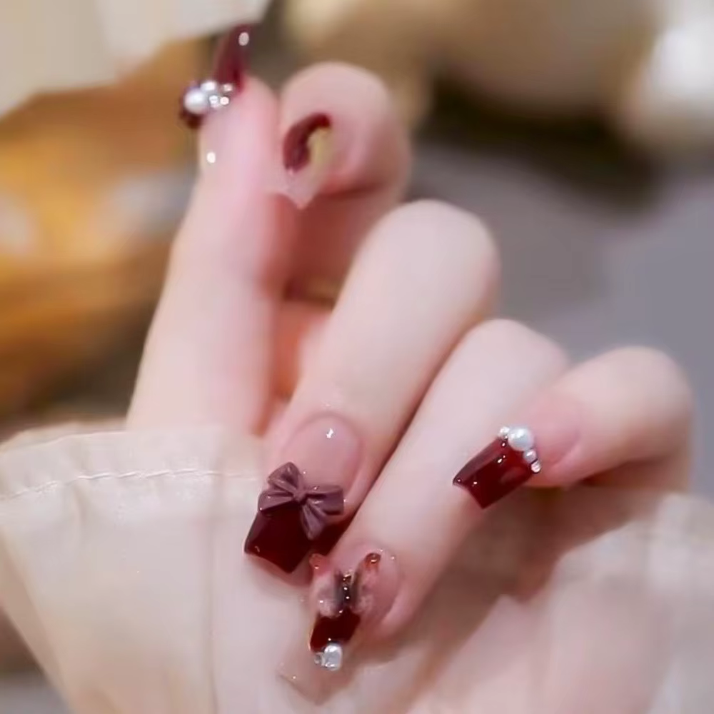 24 pièces rose imprimé léopard court carré presse sur ongles français arc portable faux