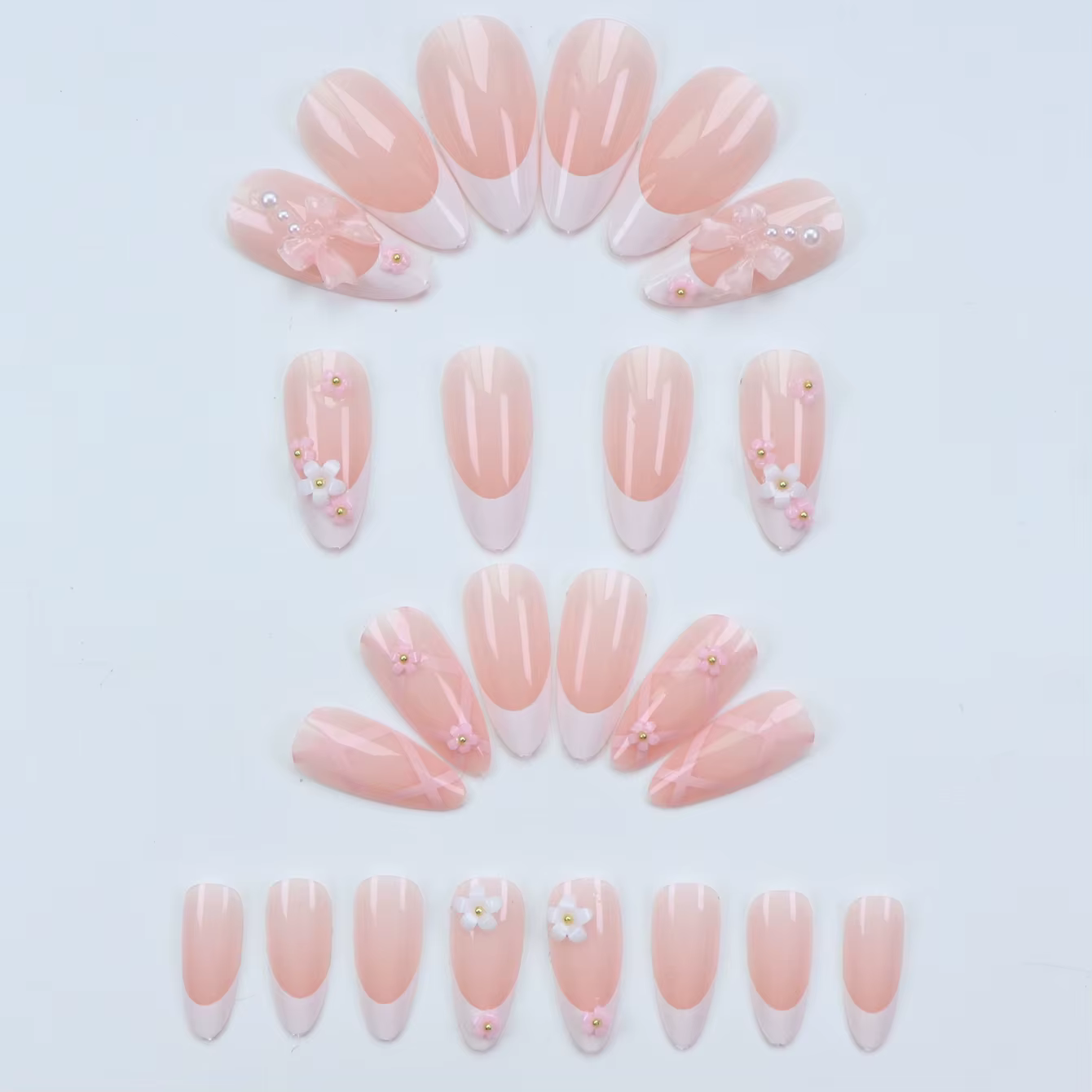 ARTAUG 96 pièces faux ongles français pressés en amande avec des motifs de perles et de fleurs d'arc 3d