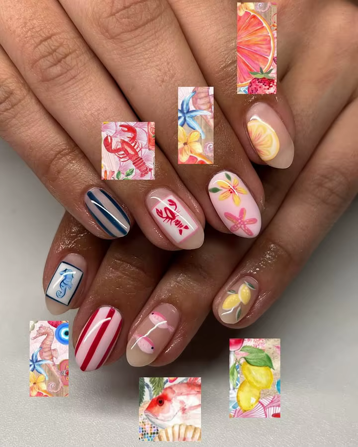 Presse sur les ongles peints à la main homard hippocampe poisson