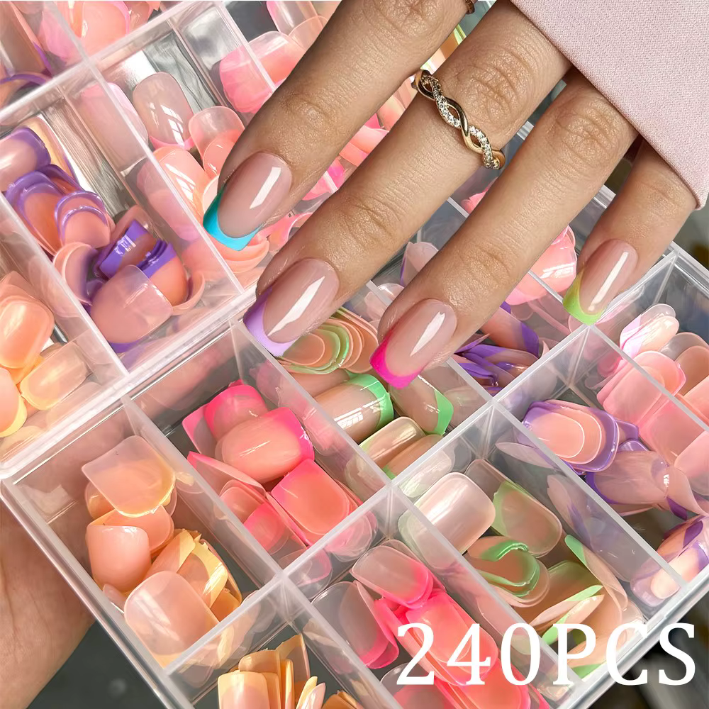 1 boîte couleur bonbon français court carré faux ongles rose/vert/violet couverture complète Macarons presse