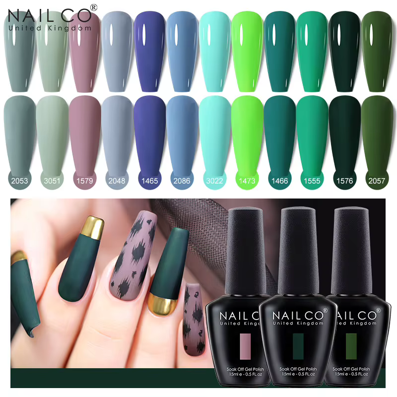 NAILCO 15ml Série Verte Gel Vernis à Ongles Couleur Foncée Couche de Finition Mate Hybride Longue Durée UV LED Nail Art Base Coat Manucure Soak Off