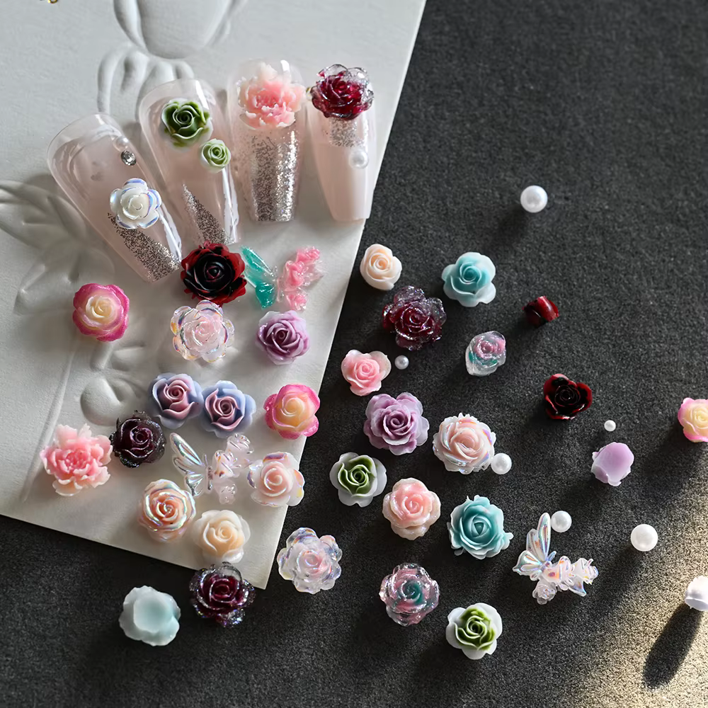 12 grilles 3D camélia Rose fleur Nail Art breloques mixte Floral papillon perle ongles décorations pour bricolage artisanat manucure accessoire