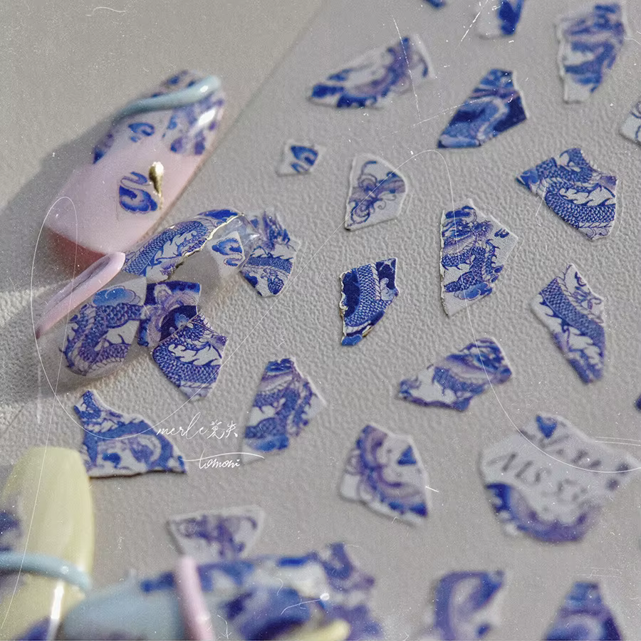 Autocollant pour ongles Dragon en porcelaine bleue et blanche