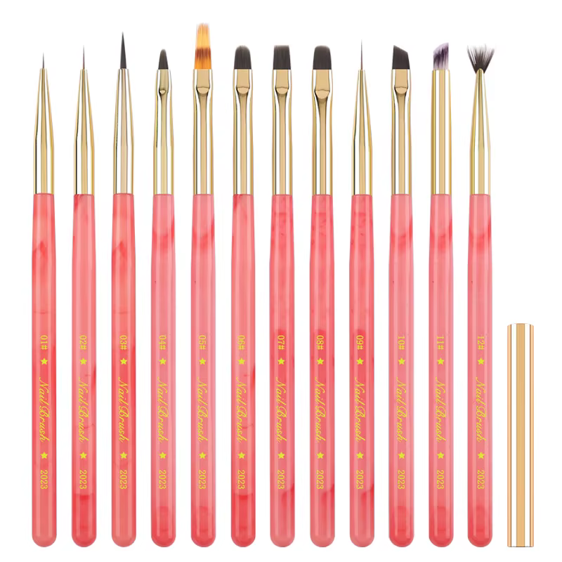 Lot de 12 pinceaux de nail art roses avec manche en jade incrusté