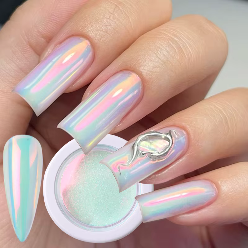 1/2 pièces Poudre à ongles rose effet aurore chromée