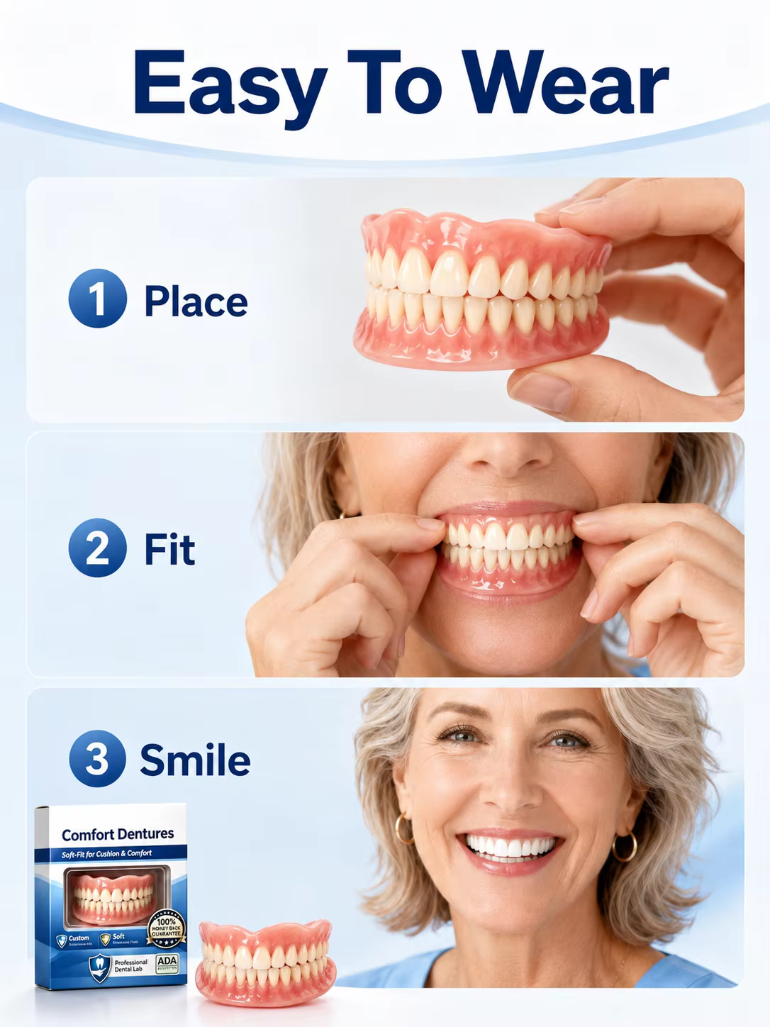 Prothèses dentaires, dents artificielles, pose instantanée, aspect naturel, ajustement confortable pour les dents manquantes chez les adultes, obtenez votre sourire.