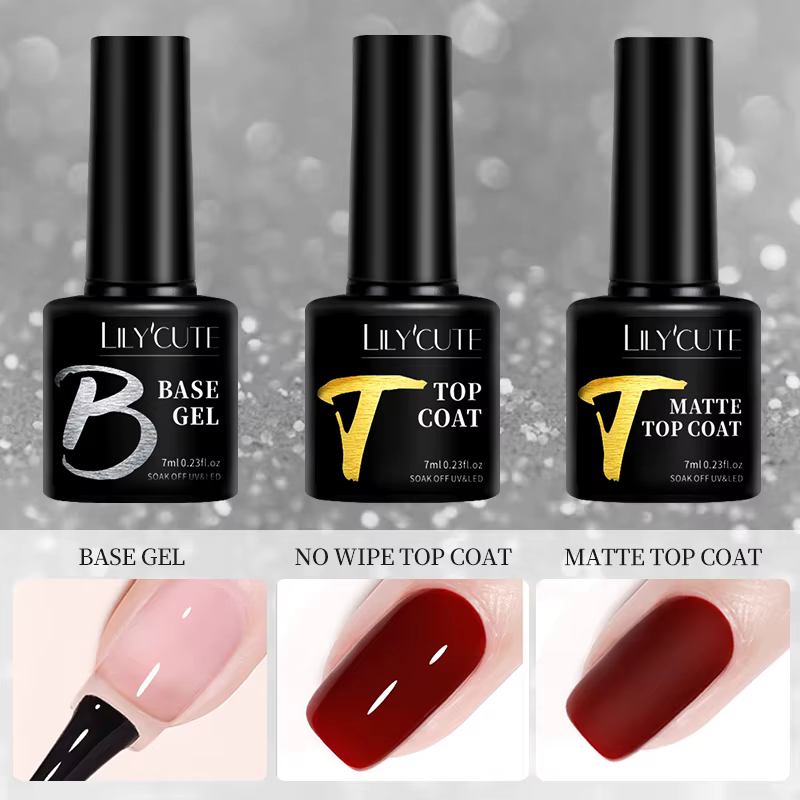 LILYCUTE 7ml Base Nowipe Top Coat Soak Off UV LED Gel Vernis à Ongles Gel de Renforcement Semi-Permanent Multifonctionnel