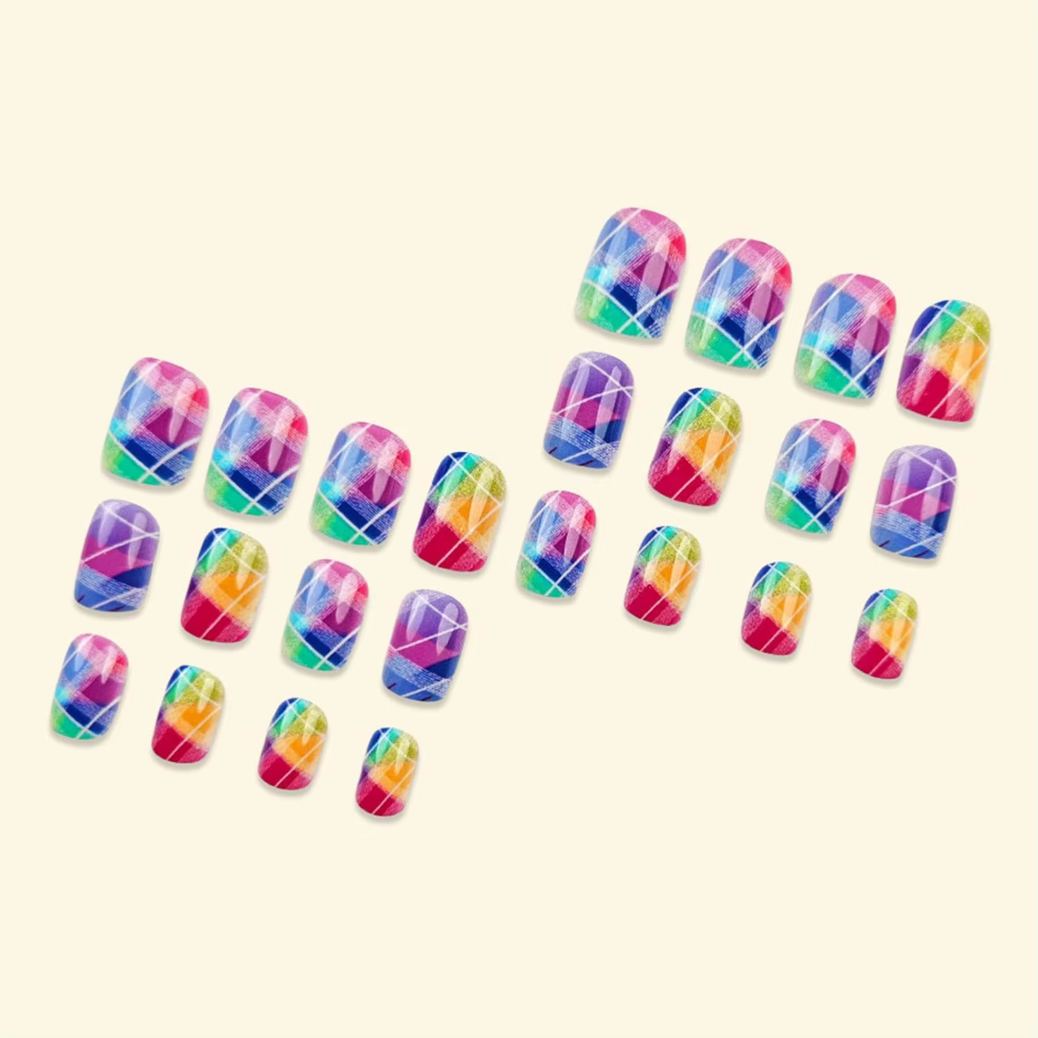 Faux ongles carrés courts arc-en-ciel brillants à carreaux