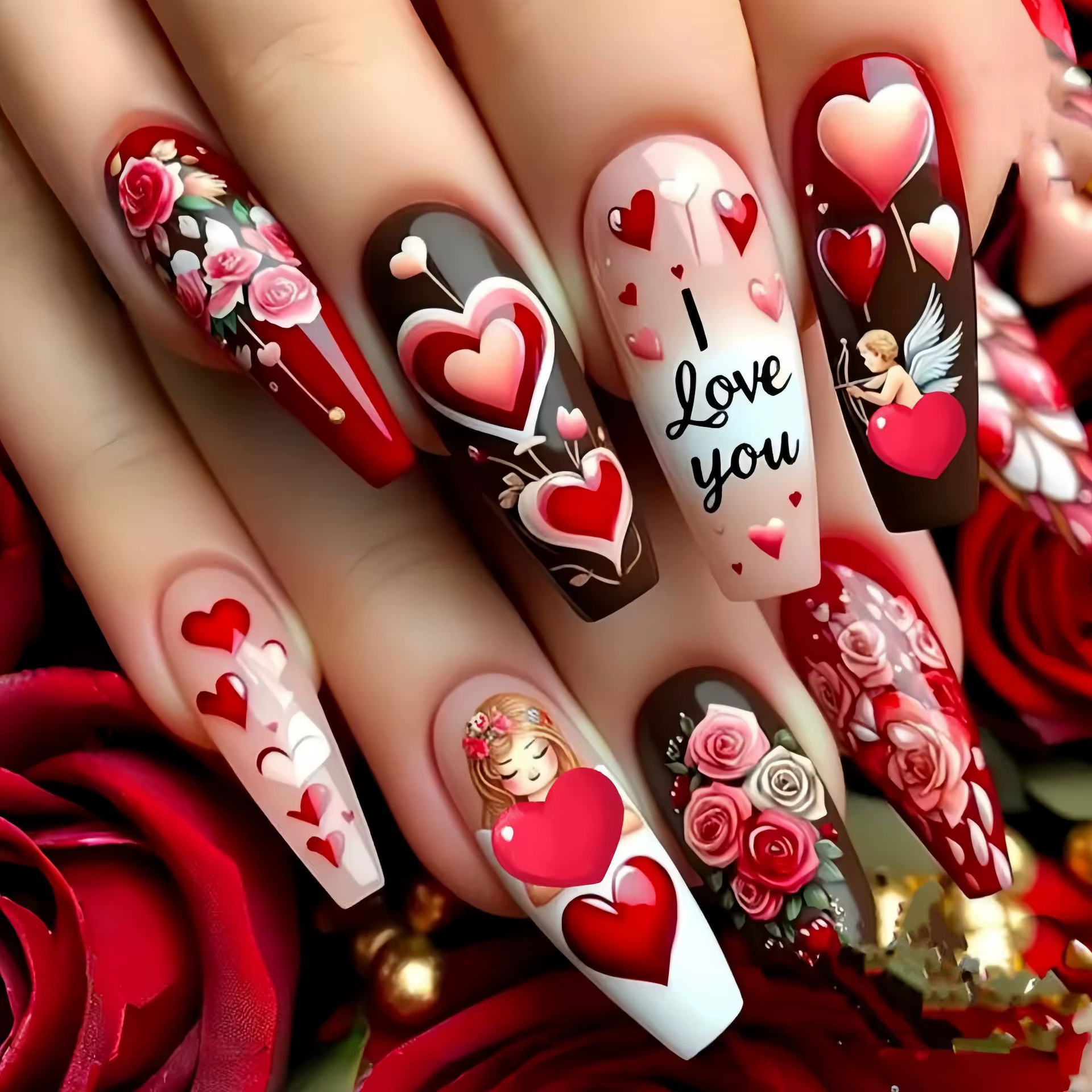 Faux ongles en forme de cœur rouge