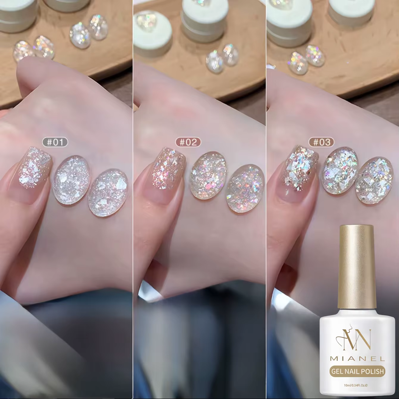 MIANEL 10ML 1-6PCS Vernis à ongles blanc laiteux à haute densité avec paillettes blanches et strass