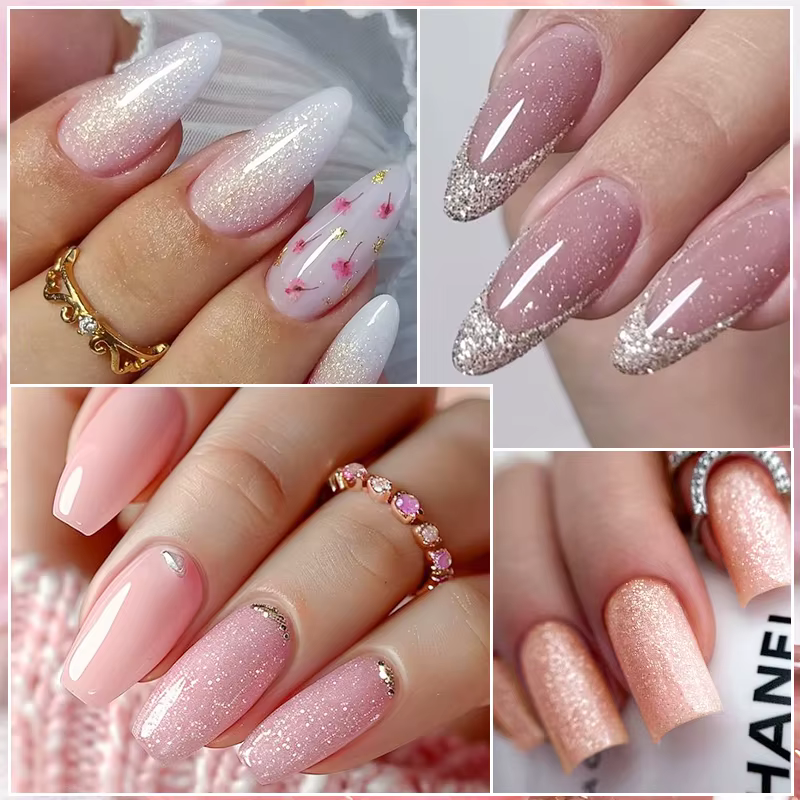 MEET ACROSS 7ml Base en caoutchouc Gel paillettes nu rose blanc 2 en 1 Gel vernis à ongles