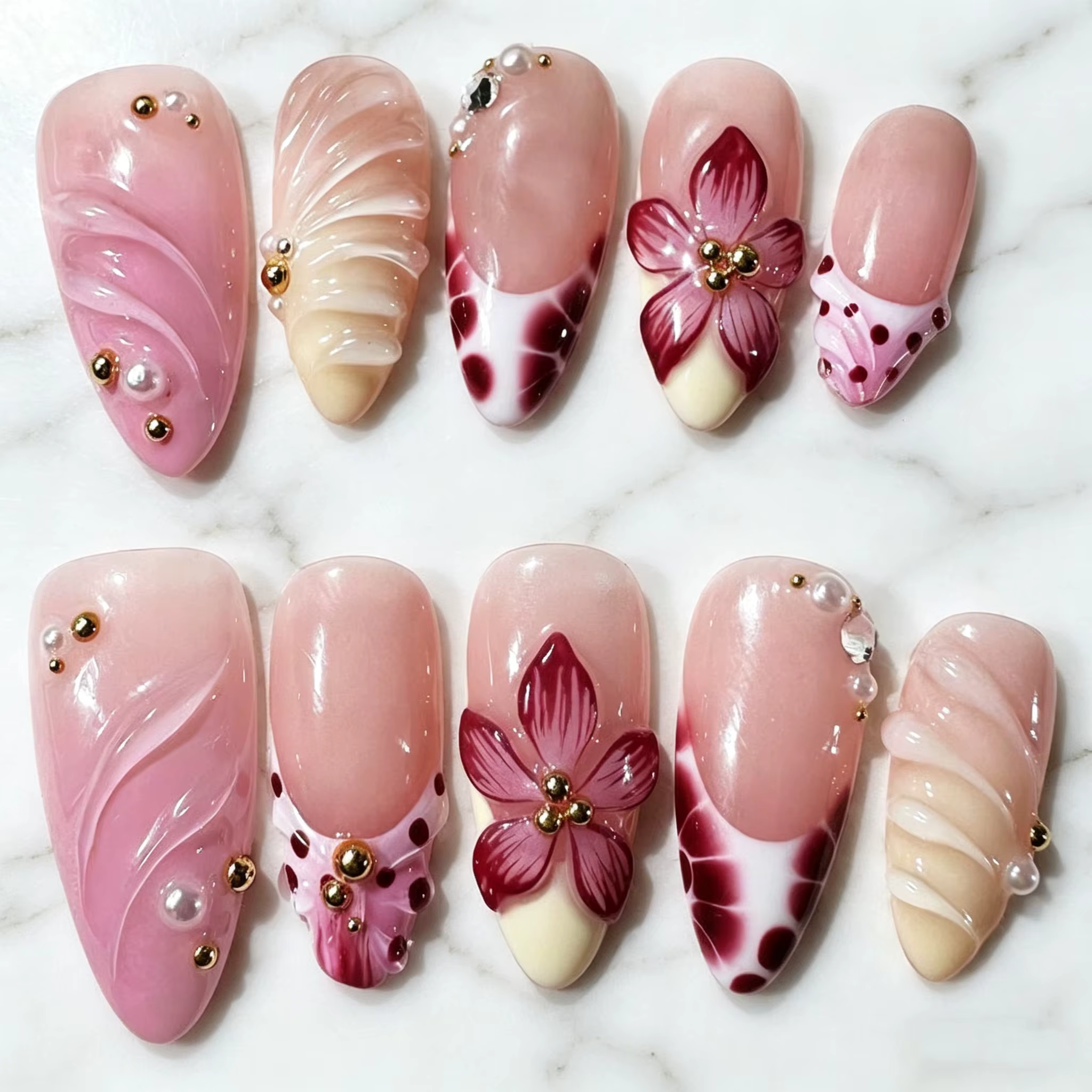 10 pièces/boîte Faux ongles en gel effet coquille ondulée