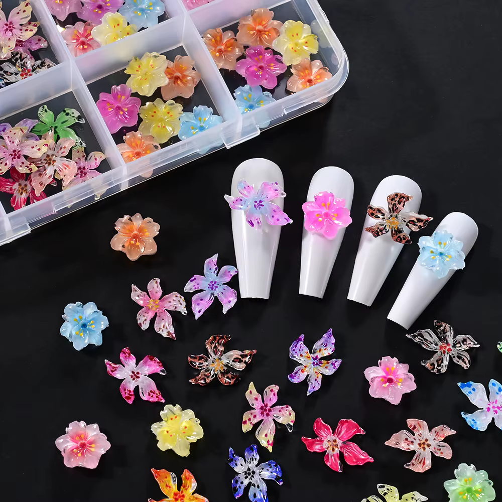 72 pièces/boîte Hawaii Hibiscus Lily Floral Nail Art breloques 3D gelée colorée cristal doux fleur décoration des
