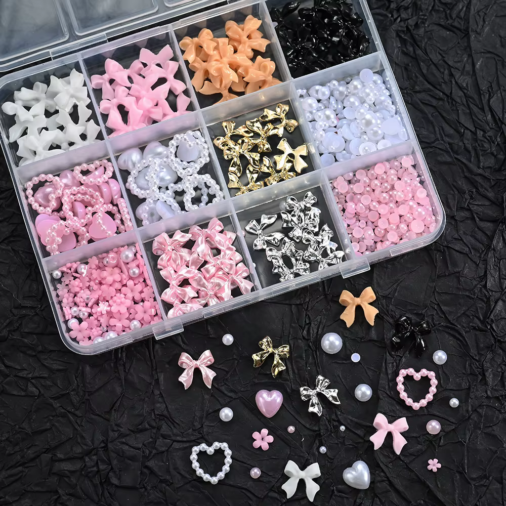 12 grilles 3D ruban multicolore fleur Nail Art breloques simulés pétales amour