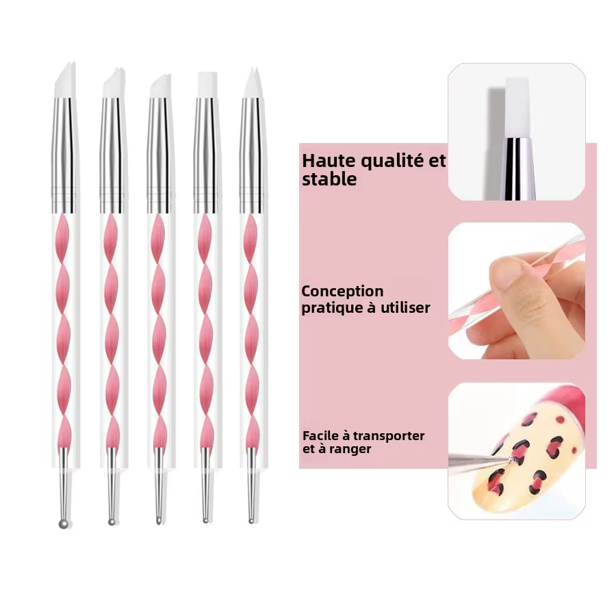 5 pièces 2 voies Nail Art acrylique Silicone pointe fleur stylo à ongles en acier inoxydable outils de pointage marbré