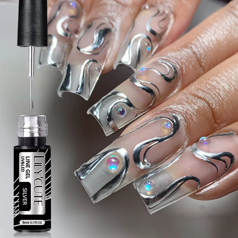 LILYCUTE 5ml Super brillant argent métallique peinture Liner Gel vernis à ongles dessin rayure Graffiti miroir tirer