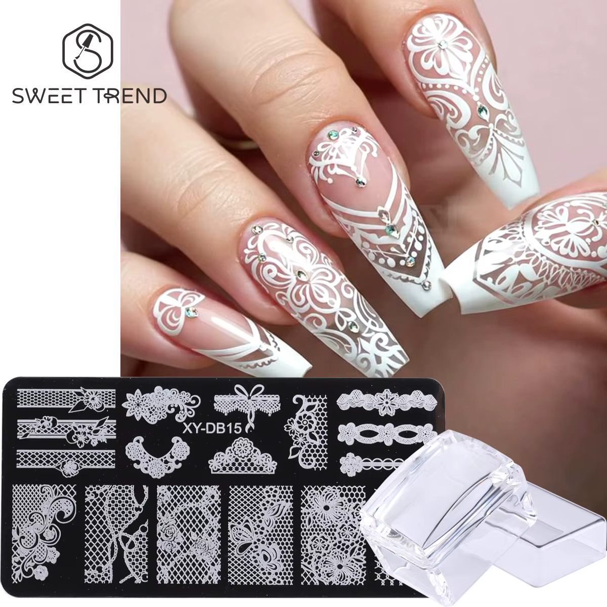 Modèle d'art d'ongle d'image de fleur de dentelle élégante avec le tampon doux arc