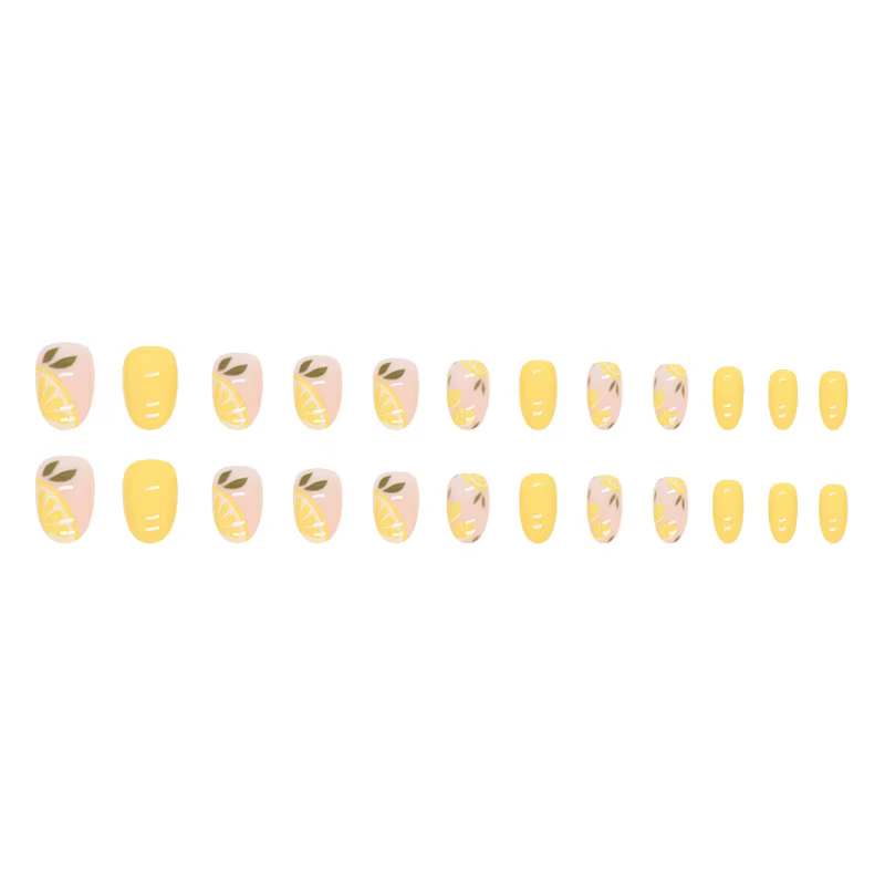 24 faux ongles ronds jaunes citron estivaux mignons avec motifs