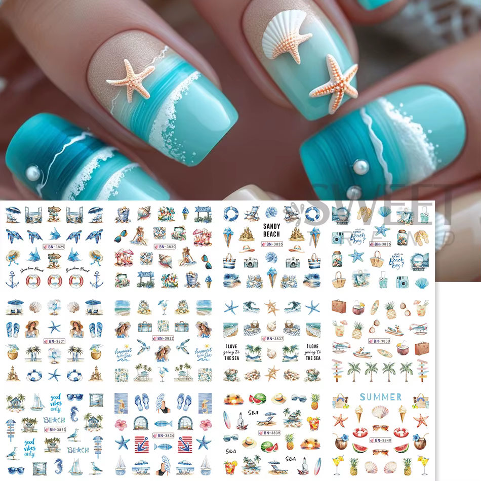 12 Motifs Autocollants Ongles Thème Océan Estival Coquillages Étoiles de Mer Méduses Décoration Manucure Transfert à l'Eau