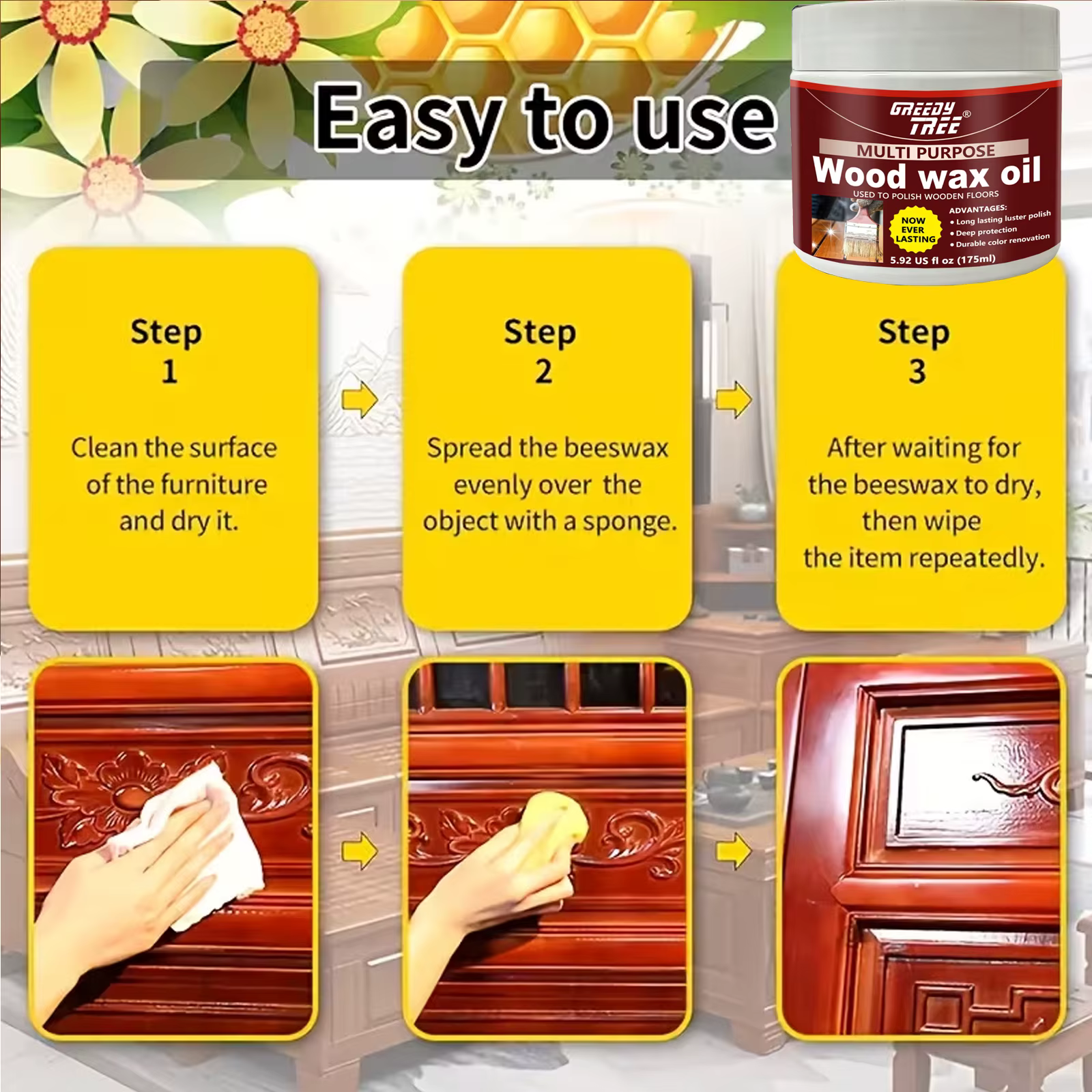Huile de cire pour bois multi-usages, cire d'abeille naturelle pour le polissage du bois, sols et meubles en bois, lustre durable, protection profonde