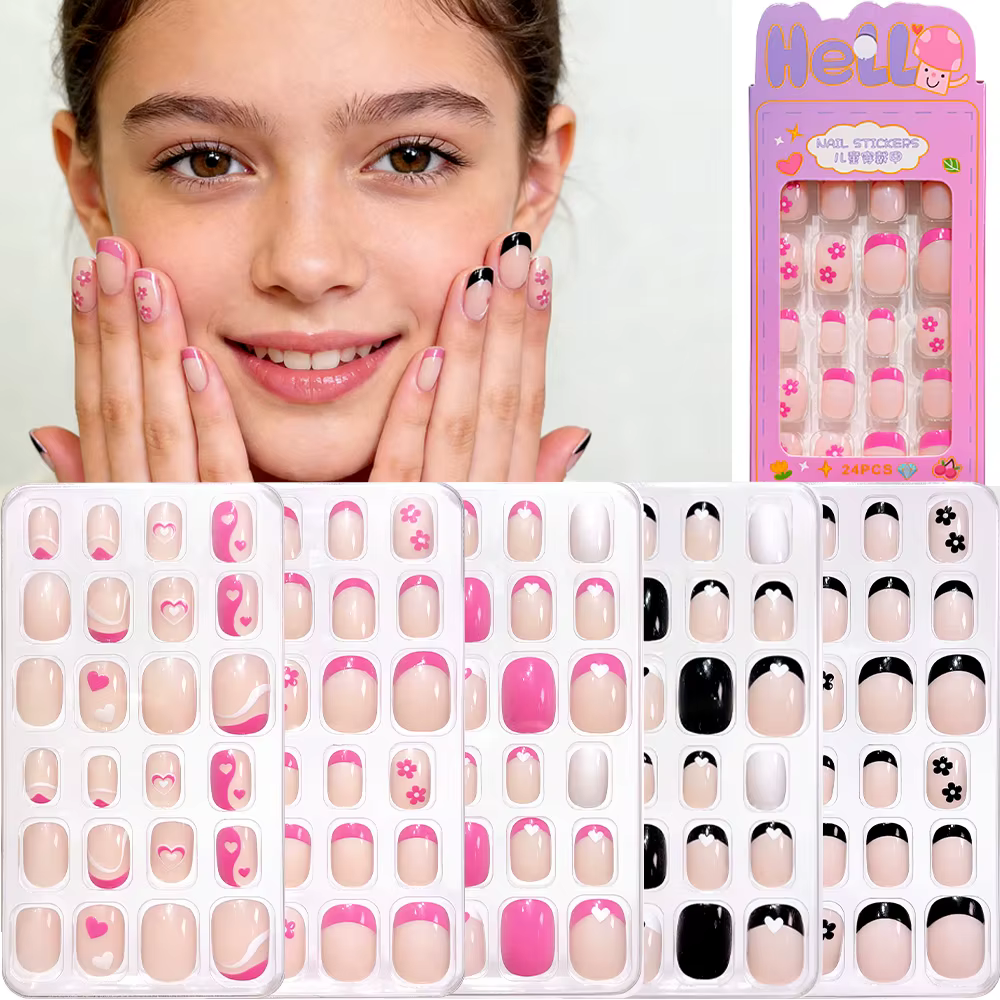 24 pièces/boîte Faux ongles en gel noirs et roses à fleurs pour filles