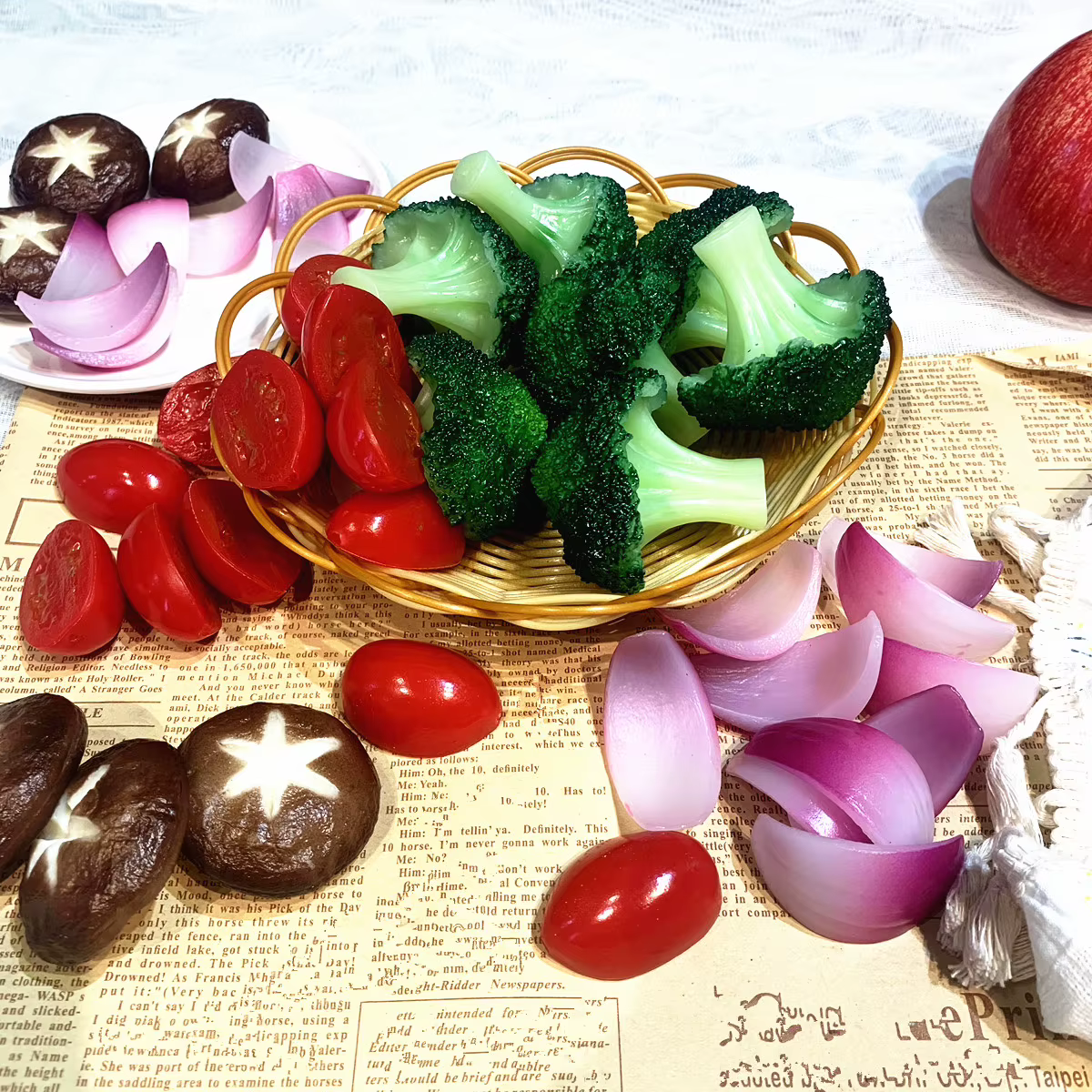 Faux légumes-brocoli artificiels réalistes, tomates, tranches d'oignon, champignons pour décoration de cuisine à domicile, faux accessoires alimentaires, artisanat de bricolage