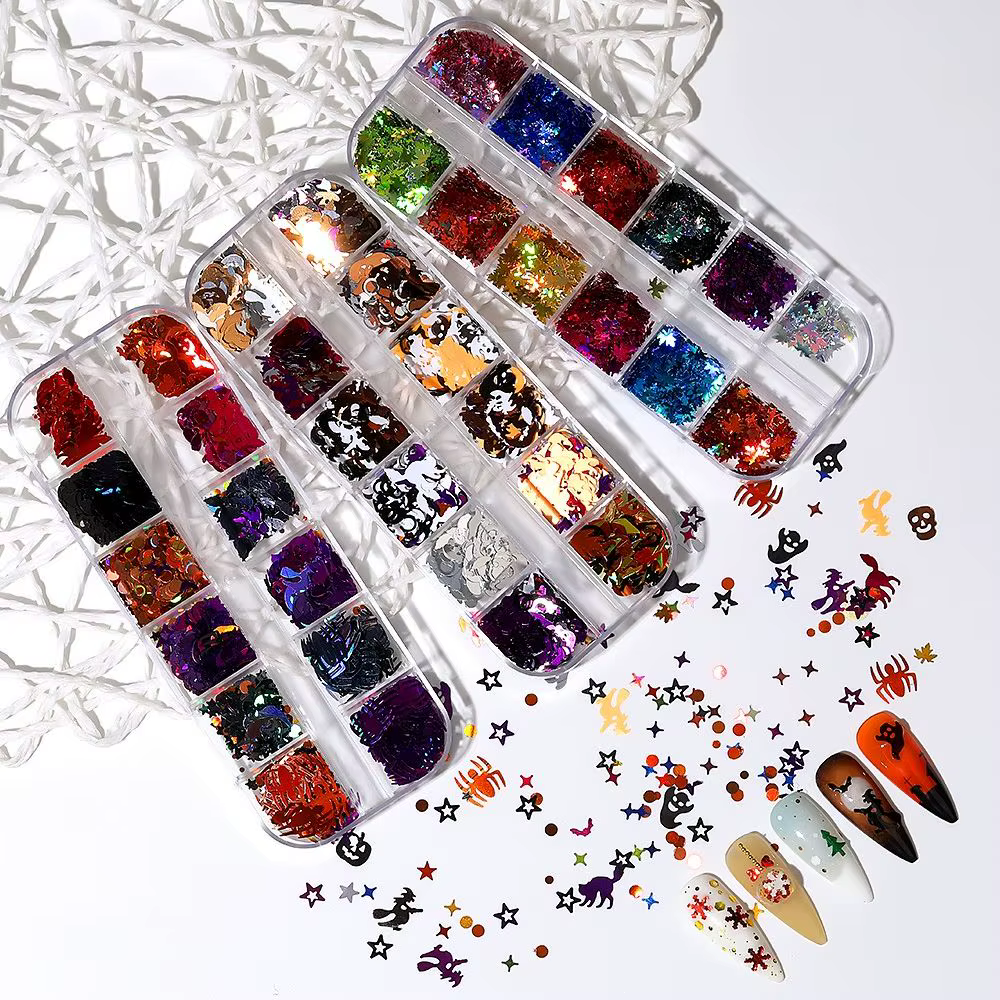 Brillant araignée citrouille Salon de manucure bricolage matériaux pour ongles squelette Paillettes flocons