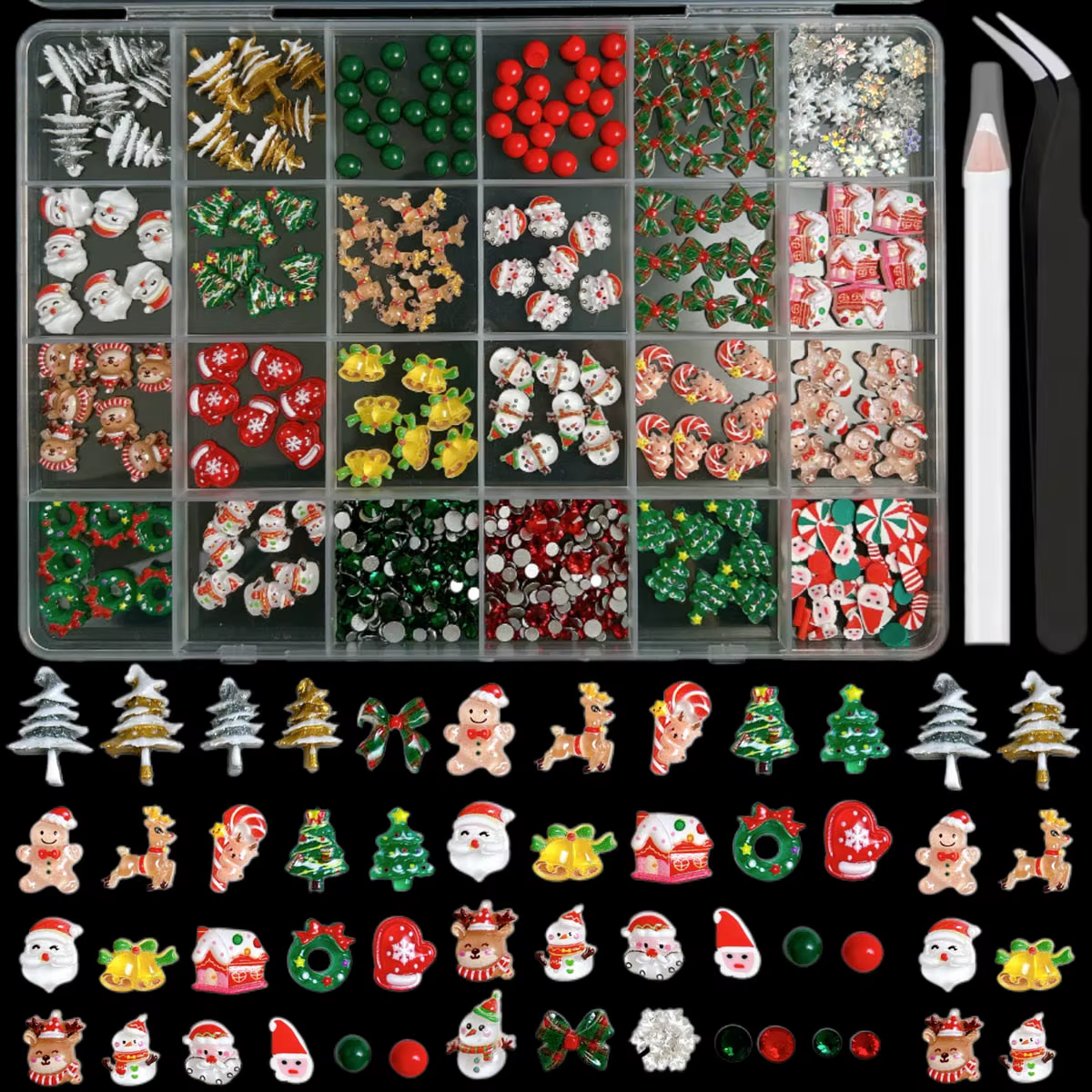 1 boîte 3D Adorable père noël élan cloche ongles breloques créatif arbre