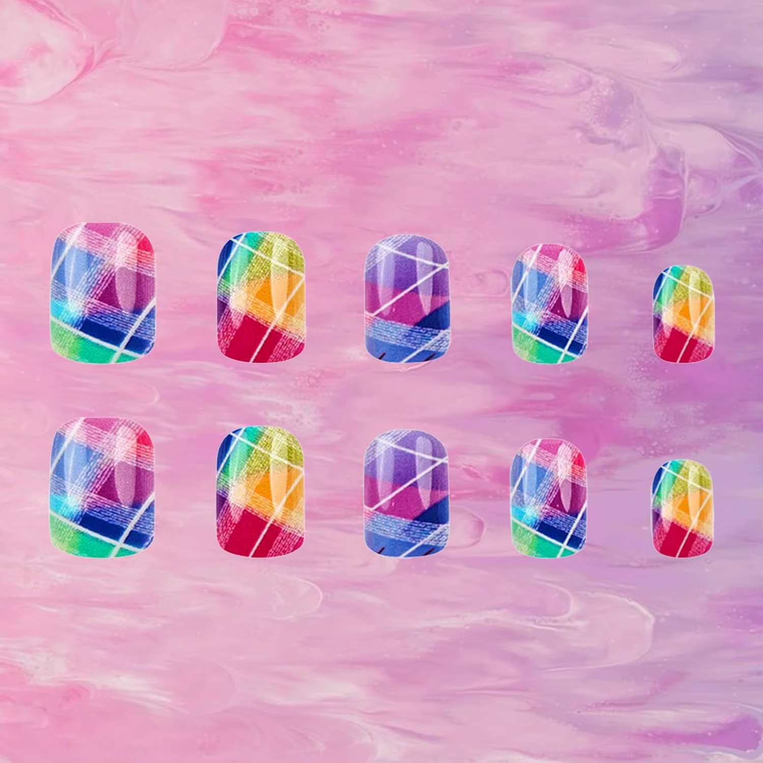 Faux ongles carrés courts arc-en-ciel brillants à carreaux