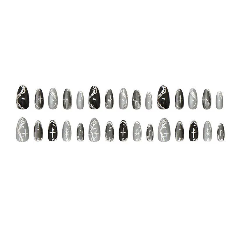 24 faux ongles noirs Y2K longs avec design tête d'amande