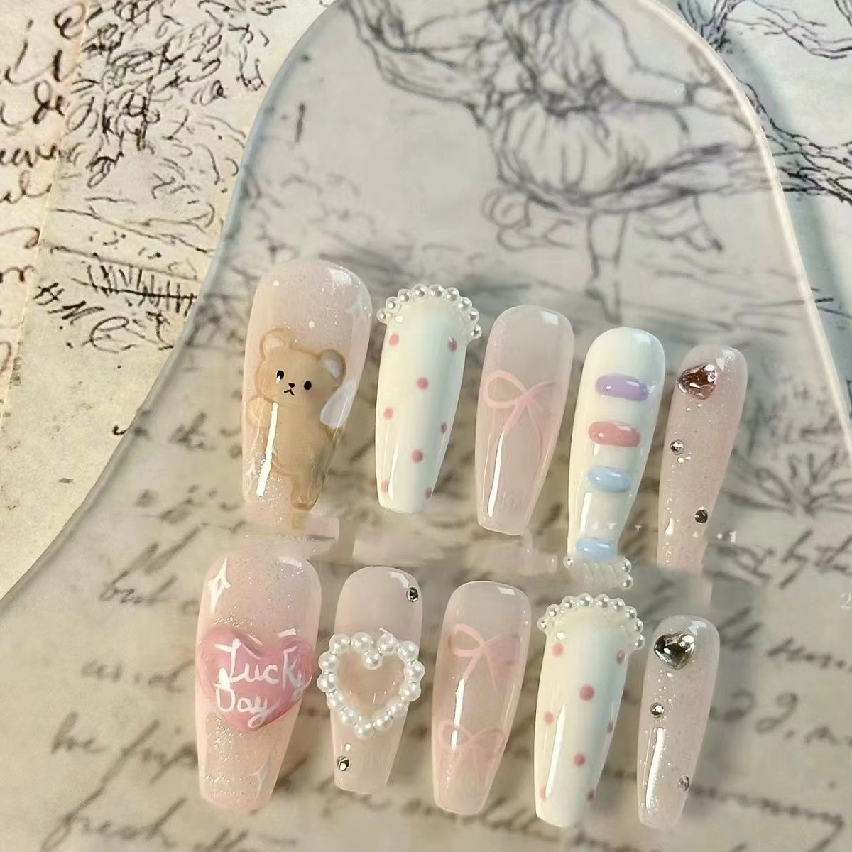 10 pièces brillant doux rose français à la main presse sur les ongles avec nœud papillon 3D mignon moyen cercueil faux