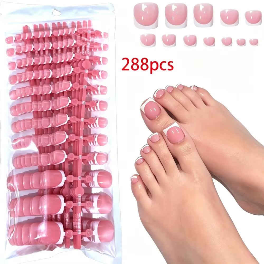 288 faux ongles courts carrés à rayures françaises blanches